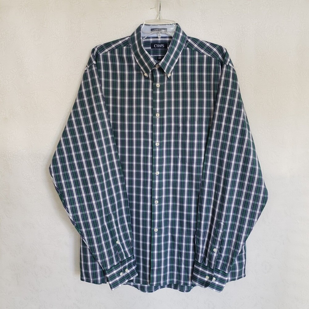 Men's Chaps Classic-Fit Easy-Care Green Plaid Twill Shirt Size 17-17 1/2 36/37